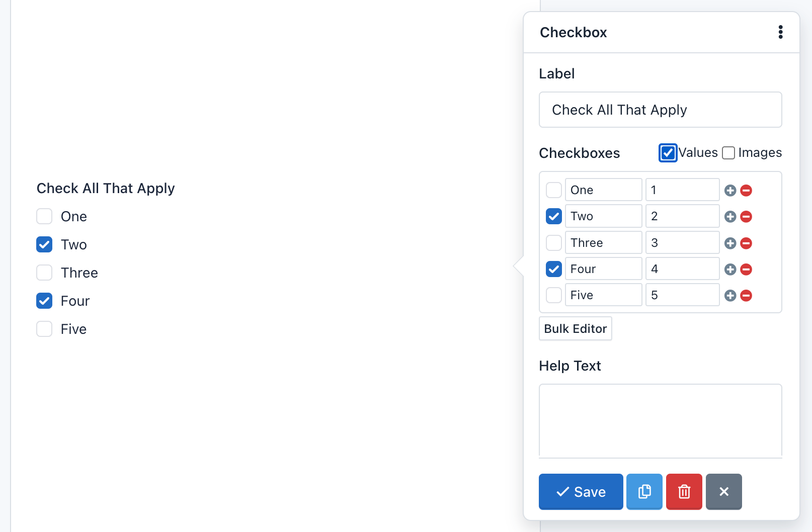 Easy Forms - Form Builder - Checkbox Component with Bulk Editor