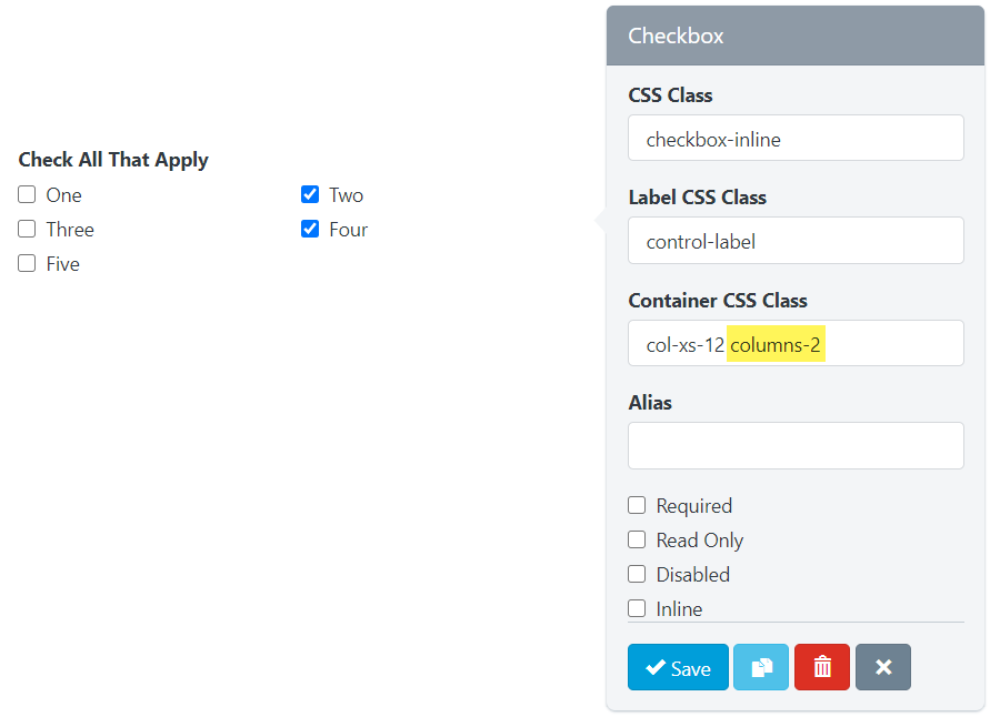 Easy Forms - Form - Builder - Checkbox - Multiple Columns